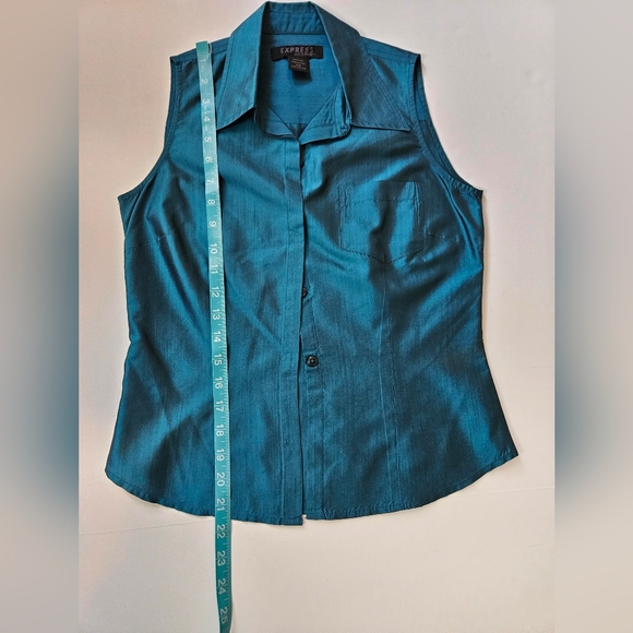 Express size 1/2 XS 100% silk button up blouse teal blue, vintage,office - Picture 5 of 7